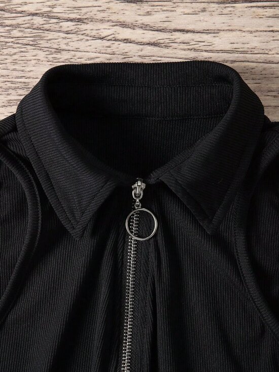 Black Casual Women's Zipper Half Placket Turn-Down Collar Tank Top - Picture 7 of 8